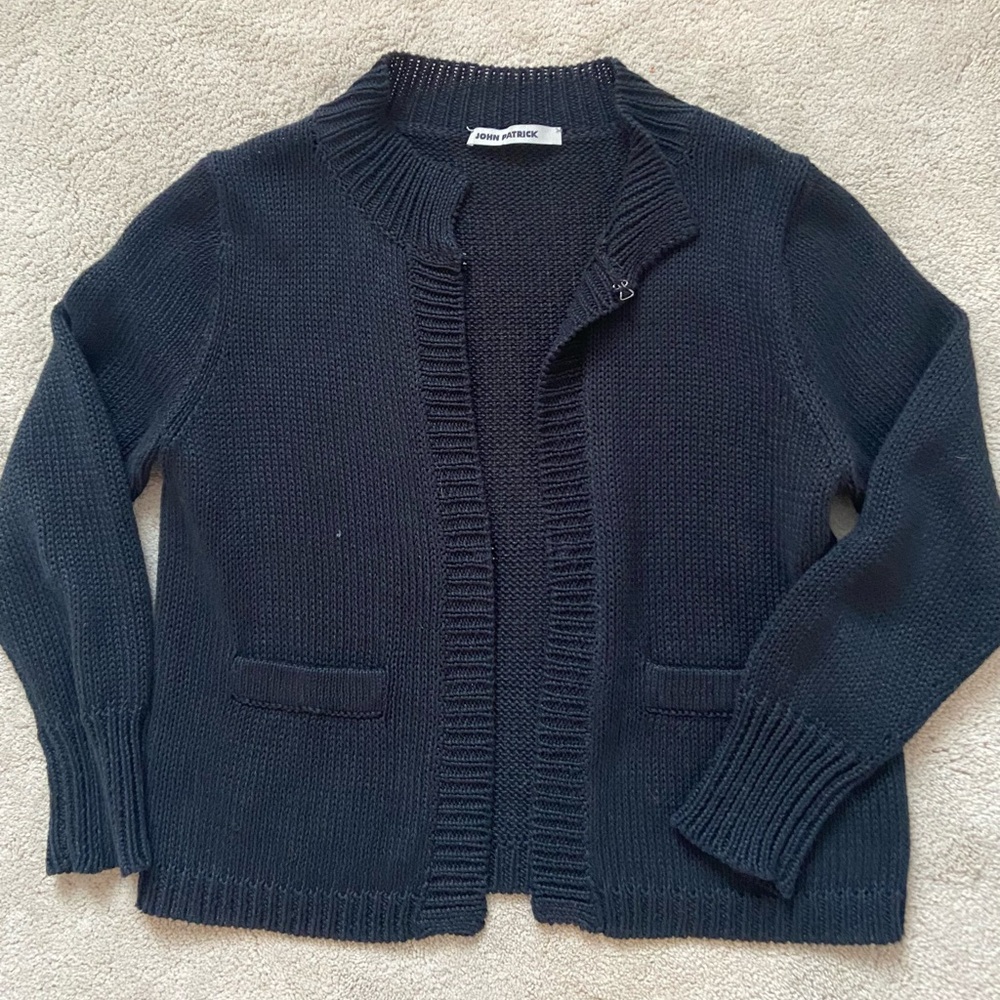 John Patrick Designer All Linen Black Knit Cardigan Sweater Top